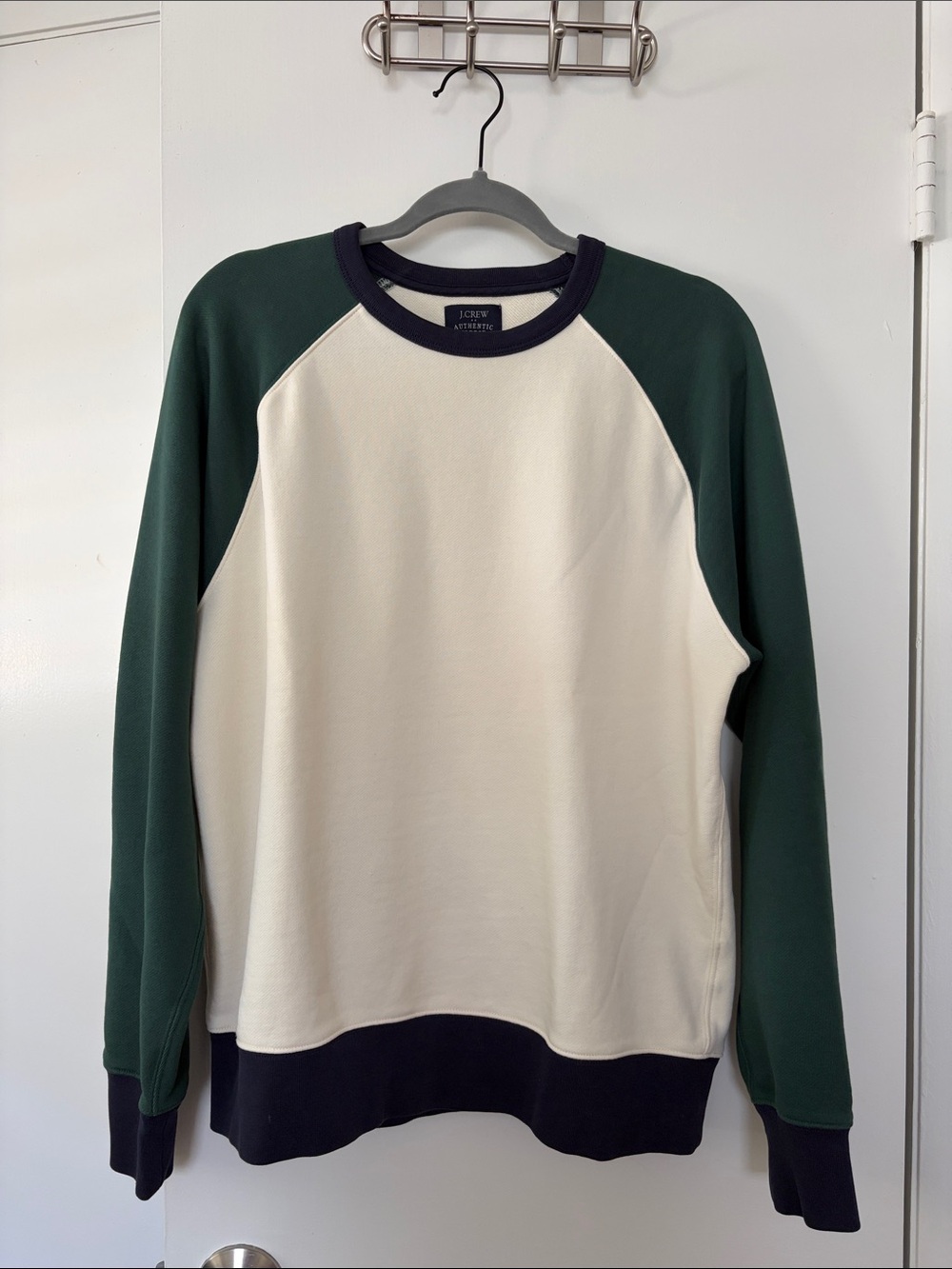 J. Crew Cream, Forest Green & Navy Raglan Crewneck